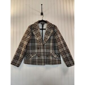 NYCC Clothing Co Womens Plaid Double Breasted Open Jacket Grey Brown L Preppy